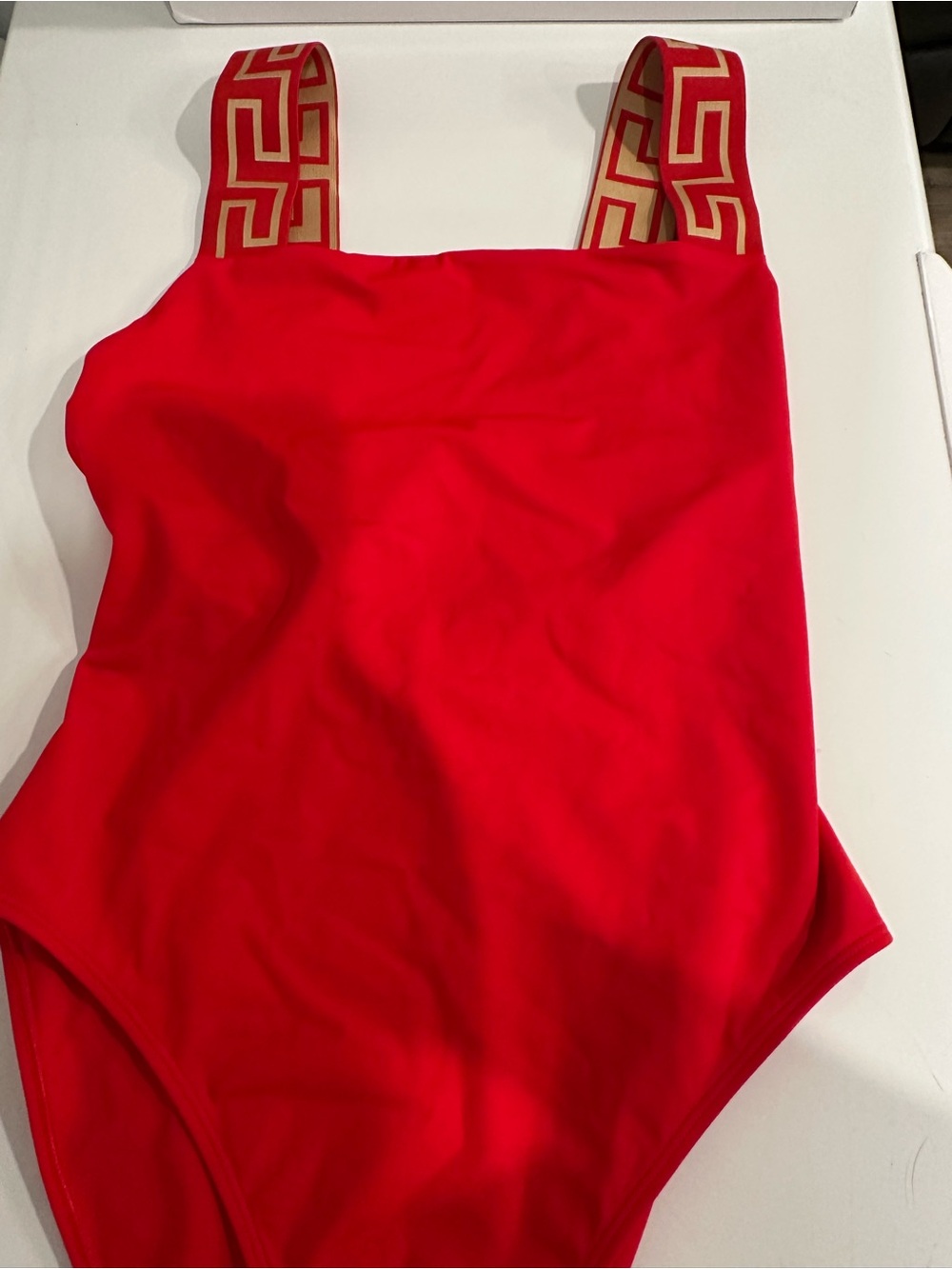 Versace Red One-Piece Swimsuit Geometric Gold Accent Straps  size 5 ( XLarge )